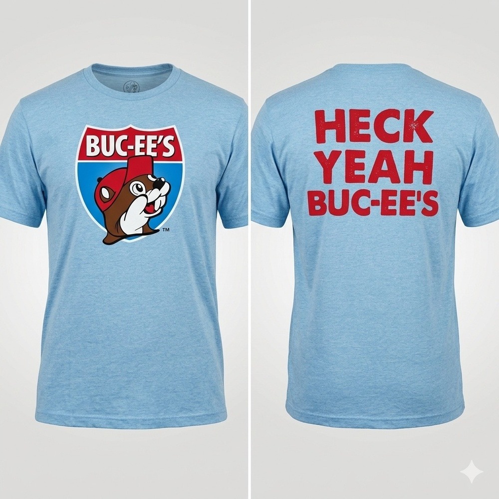 Buc-ees Heck Yeah Graphic Tee‎ Shirt Blue Mens Medium M Texas Travel Stop Mascot